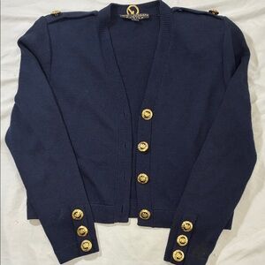 St. John Navy Knit V-Neck Cardigan with Gold Buttons made in USA vintage petite